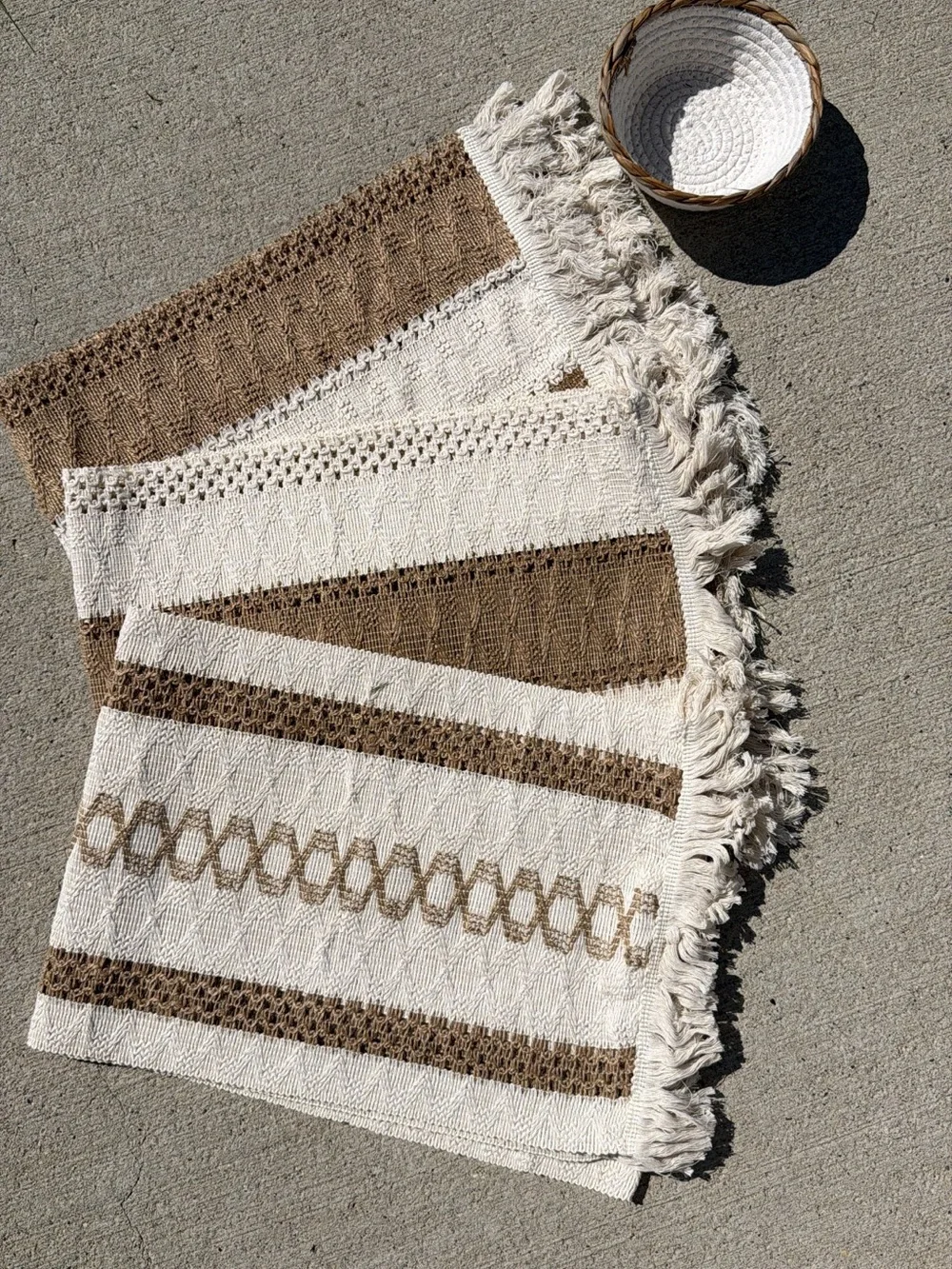 Boho Table Runners 69” & Woven Basket - Cream & Brown, Cottagecore, Farmhouse
